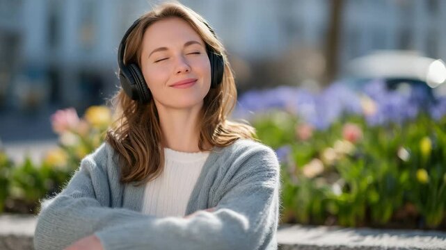 346Woman listening to music and relaxing outside in warm sunny spring day, leaning on a park railing or stone wall, headphones on, eyes closed, sunlight casting soft highlights, sprin