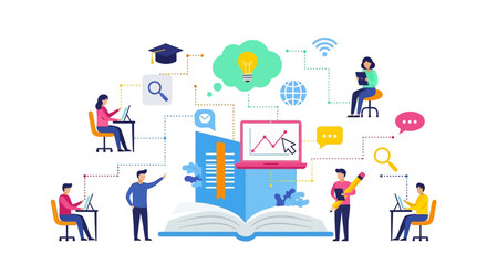 Fototapeta premium Online Education E-Learning Network. Students, knowledge, and digital resources connected in a collaborative distance learning ecosystem illustration.