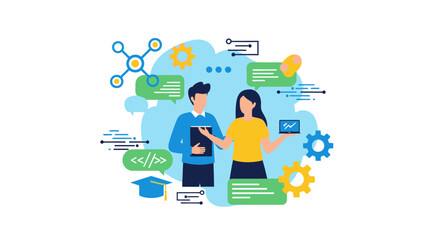 Fototapeta premium Professional Team Discussion and Skill Development: Digital Learning and Consulting Concept Vector Illustration