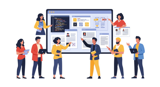 Diverse Tech Team Collaboration: Web Development, Software Review, and UX Planning Meeting