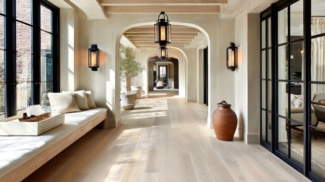 Elegant hallway interior with arched doorways warm lighting and neutral tones