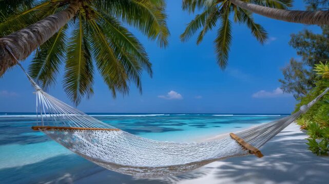 355Hammock stretched between palm trees on a white sand tropical beach with turquoise water and clear sky, close up, sunlit hammock with visible woven details, soft reflections of tur