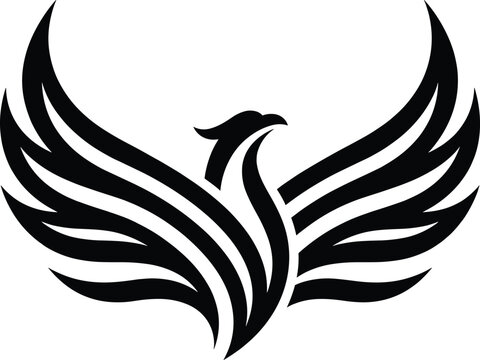 Stylized black phoenix silhouette illustration with wide symmetrical wings and curved lines, symbolizing rebirth, renewal, immortality, and transformation motifs