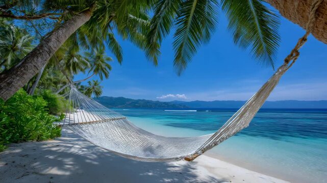 357Hammock stretched between palm trees on a white sand tropical beach with turquoise water and clear sky, close up, tropical fronds framing the hammock, sunlight filtering through le