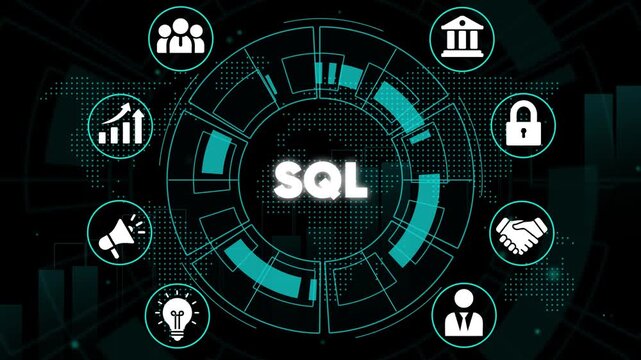 S Q L database management system concept with business and circular chart