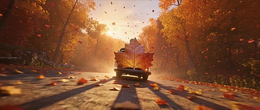 Autumn forest road car travel in orange sunset nature, falling leaf motion blur on scenic countryside drive through peaceful fall foliage, golden trees and smooth nostalgic journey
