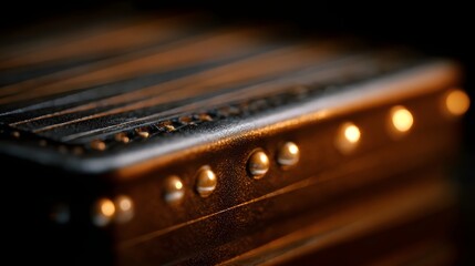 Intimate ro detail of a dark textured surface with metallic studs illuminated by warm glowing ambient light highlighting its industrial chic appeal