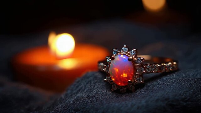 Vibrant Opal Gemstone Ring with Candlelight in a Soft and Cozy Setting