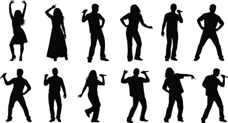 Singers and performers silhouette collection with microphones dancing and performing isolated vector illustration set dynamic stage performance poses