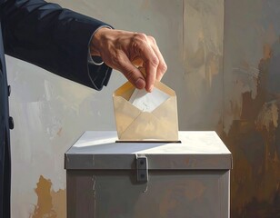 Close-up of a person's hand inserting a folded paper into a cream envelope set on top of a gray metal box