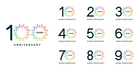 Set of bundle 10 to 100 anniversary logo design. Years fireworks celebration 10 to 100 logo icon vector collection. Bithday party festival holiday logo symbol concept © ZRpro