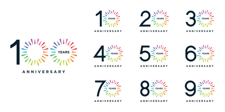 Set of bundle 10 to 100 anniversary logo design. Years fireworks celebration 10 to 100 logo icon vector collection. Bithday party festival holiday logo symbol concept