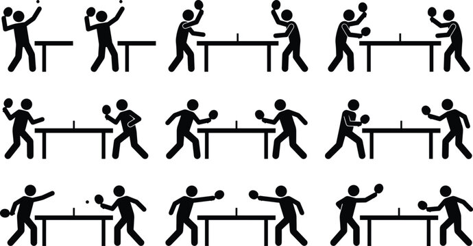 Table tennis player silhouette collection featuring ping pong game actions isolated on light background vector illustration set