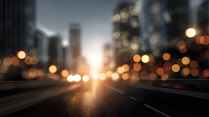 Naklejka premium Abstract blurred city street at dusk illuminated by warm bokeh lights and modern buildings