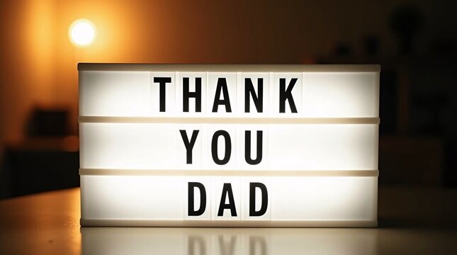 A lightbox on a reflective surface displays "THANK YOU DAD" in bold black letters, with warm, soft lighting in the background, creating a heartfelt and intimate tribute.
