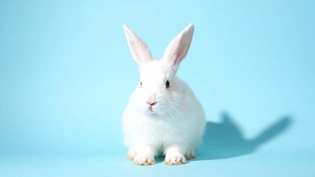 Sequence of a cute white rabbit in three different poses on a solid blue background. Adorable fluffy bunny sitting and looking around for an easter or pet concept banner