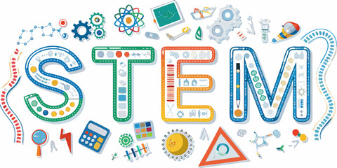 Colorful illustration representing science technology engineering and mathematics