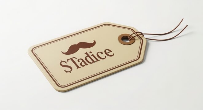 Vintage gift tag with mustache and text 'STadice' on beige label, isolated on white background, viewed from directly above