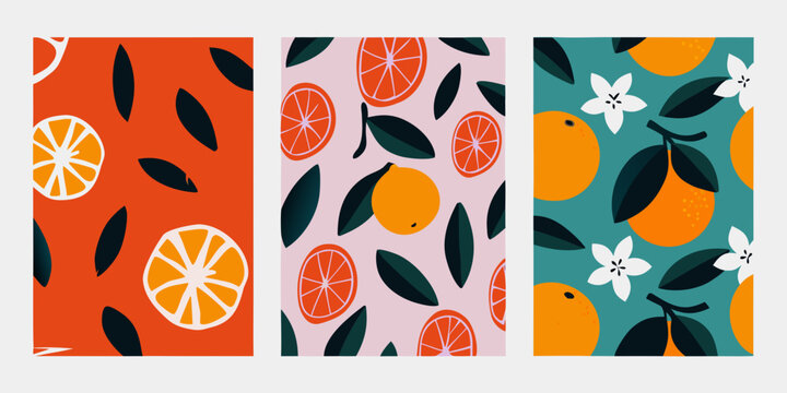 Three vertical panels displaying vibrant citrus fruit and floral patterns