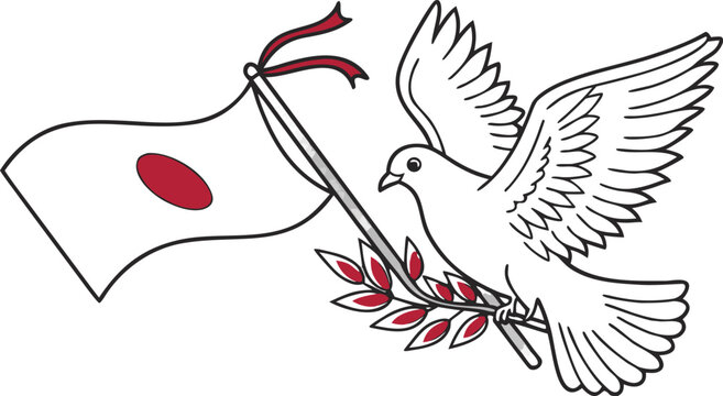 Japanese flag with white dove holding olive branch peace symbol democracy concept