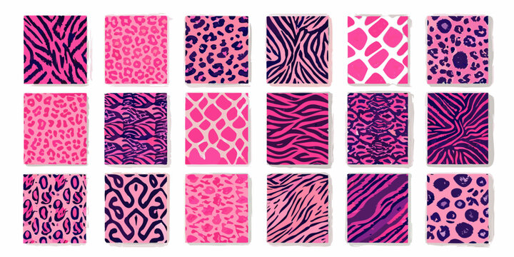 Collection of vibrant pink and purple animal print patterned rectangles