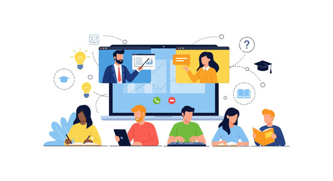 E-learning and Video Conference: Virtual Classroom or Remote Corporate Training Meeting. Online Education Illustration.