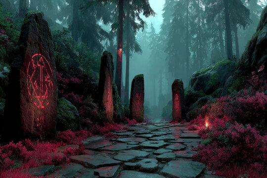 A mysterious forest landscape with ancient stone menhirs adorned with glowing symbols and runes 