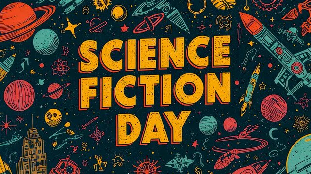 Colorful Science Fiction Day Poster with Rockets Planets Stars and Cosmic Elements on Dark Decorative Space Theme