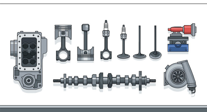Assorted car engine components, including a cylinder head, pistons, spark plugs, valves, camshaft, and turbocharger, are neatly displayed.