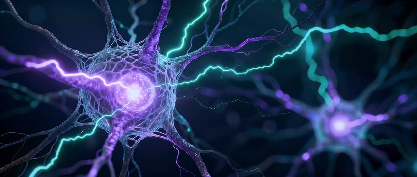Neuron nerve cell electric energy pure science biology background abstract glowing neuron network brain cell electric impulse flow vibrant blue and purple deep neural pattern digital futuristic