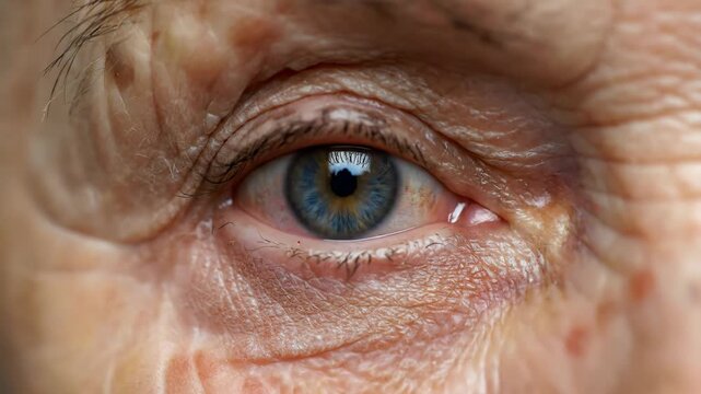 Macro view of an elderly caucasian person's blue eye with detailed wrinkles and crow's feet. Gerontology and ophthalmology concept representing aging and human vision