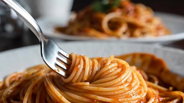 Close up image of delicious spaghetti and tomato sauce with fork