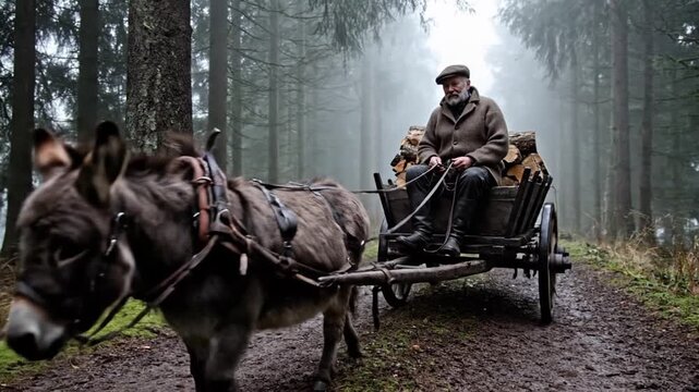 Man Riding Horse Drawn Cart Through Forest.