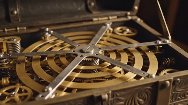 Intricate mechanical clockwork mechanism visible inside an open antique clock