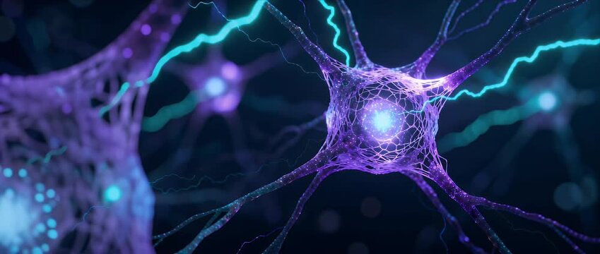 Glowing neuron nerve network connection background, electric impulse energy flow abstract pure science biology brain system, mind thinking intelligence innovation synapse focus neural cell