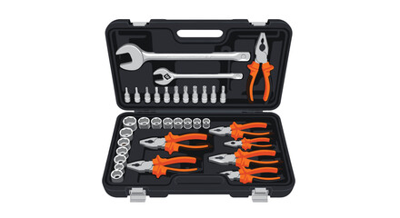 An open black toolbox displays a comprehensive set of various silver and orange hand tools, including wrenches, pliers, and sockets.