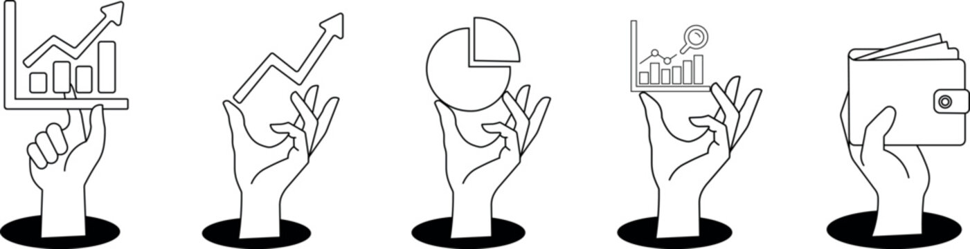 Finance growth outline icon set hands holding various financial growth symbols bar charts line graphs pie charts and wallet vector illustration on transparent background