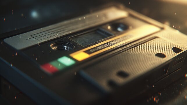 Close-up of a worn vintage audio cassette tape with colorful stripes and partial 1995 label on reflective wet surface under dramatic golden lighting