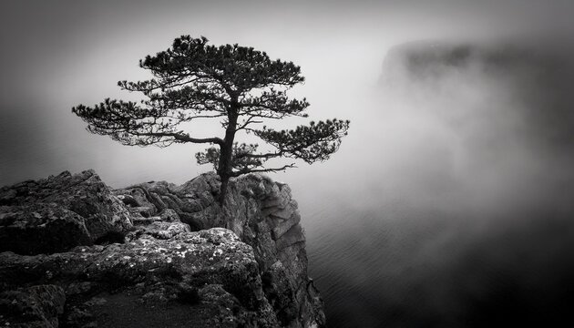 solitary tree on rocky cliff shrouded in misty fog black and white atmospheric landscape