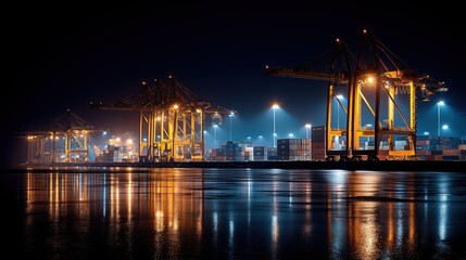 Naklejka premium Row of illuminated port container gantry cranes operating at night with powerful floodlights and vibrant reflections on calm water surface