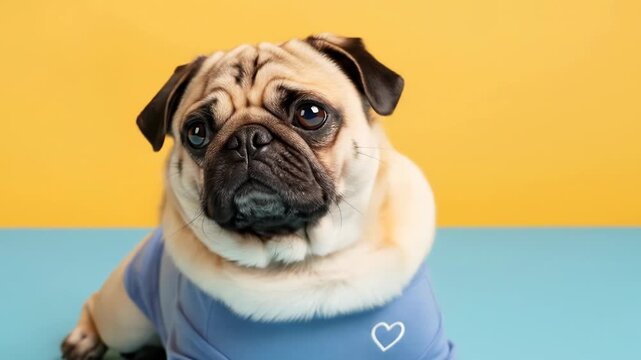 A pug dog with a blue shirt and white heart design on a colorful background
