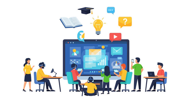 Blended Learning Digital Classroom. Students collaborating in modern education using VR, tablets, and computers for online courses, EdTech, and innovative training.