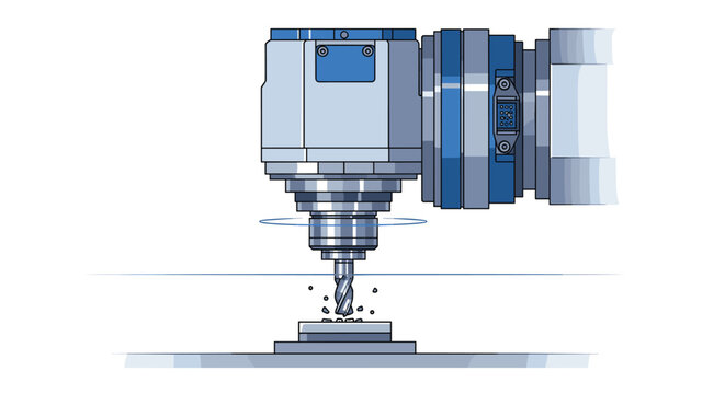 Industrial CNC milling machine cutting and shaping a metal workpiece, creating sparks and material debris during operation.