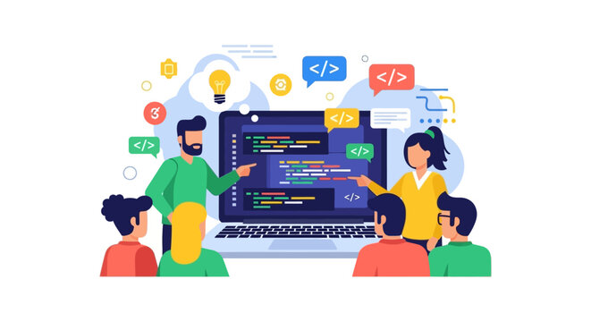 Coding Class or Team Collaboration: Programmers Learning Web Development and Software Engineering on a Laptop. Digital Education and IT Training Workshop.