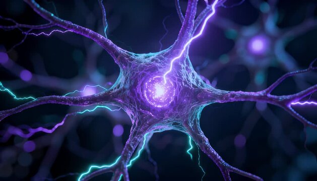 Pure science neuron and nerve cell electric energy glow abstract synapse and axon network background, vivid dendrite detail with lightning spark, electricity flow, glowing fantasy style biology
