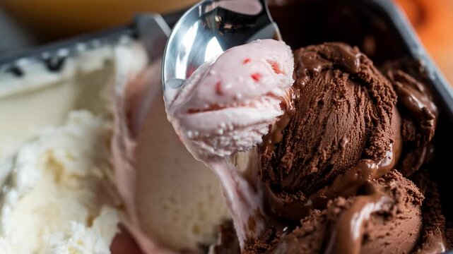 Delicious trio of ice cream flavors being scooped with a spoon