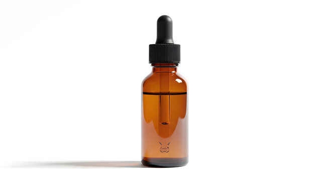 Amber glass dropper bottle with black cap isolated on white background