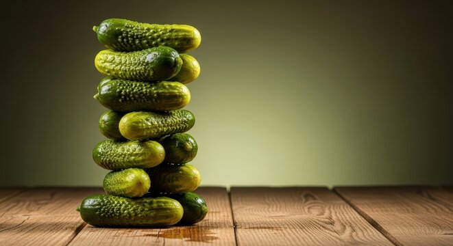 Close up shot of stacked sour gherkins. A magnificent, precarious column of fermented cucumbers standing tall on a wooden surface, pickle, piled, ingredient