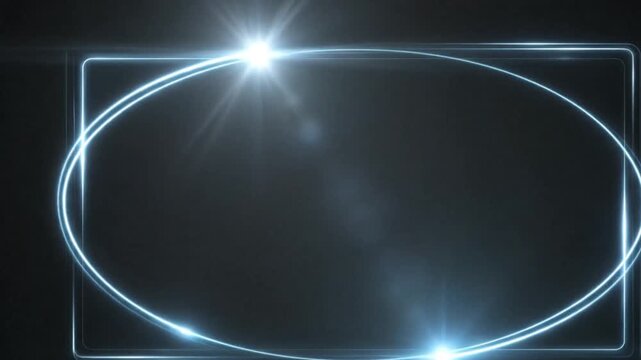 Futuristic blue lens flare frame, glowing light streak oval border on black background, cinematic neon geometric motion graphic for video overlays