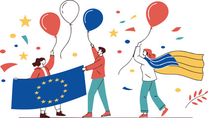 Europe day celebration with group of friends holding european union and kosovo flags and balloons © SnappyDesigns